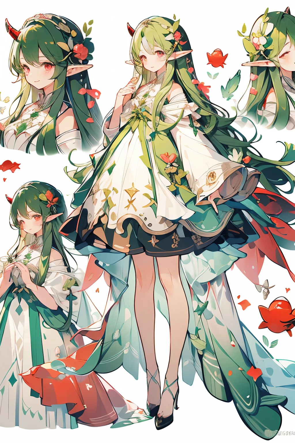 (masterpiece:1.2), best quality,Pixif,Fairy Tale Girl, 1 girl, Green Hair, Red Eyes,, Small dress，Elf耳、Elf，horn，恶魔horn，Dress