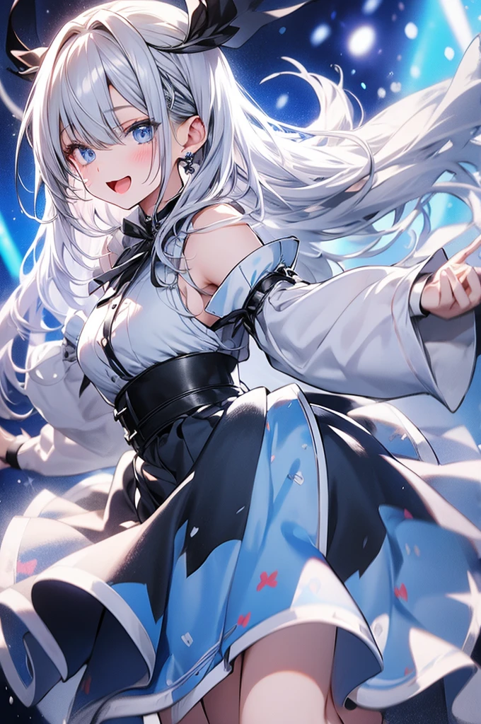 Gray Hair、blue eyes、long hair、Idol、Fluffy skirt、dance、
