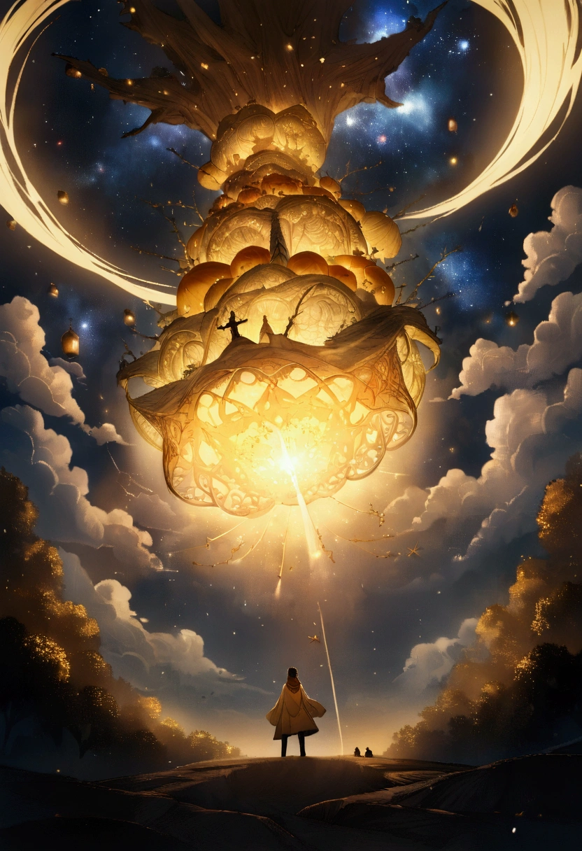 Money overflows from the pot，Carpet of coins,god々Finally, the ant branch was wiped out.，She is truly eternal，Ending the Domination of Everything，There is no such thing as a perfect concept， High-level virtual dream，The laws of the universe are wonderful，Beyond，Beyond次元，The Rise of Yin and Yang, At the bottom of the eternal abyss，He is the true king，全てをBeyondする崇高なgod性，A true master of the 10,000 Ways,close, Vast landscape photography , (A view from below, with the sky above and the wide fields below), Little realistic 9 year old blonde girl in long sweatshirt and yellow scarf looking up, ( comet:0.9), (nebula:1.2), Remote Marsh, Tree of Life, BREAK Production Art, (Warm light source:1.2), lamp, Gold or yellow、Lots of oranges, Intricate details, Volumetric lighting, Realism BREAK (masterpiece:1.2), (Highest quality), 4K, Super detailed, (Dynamic configuration:1.3), Very detailed, (Shining Lights, Atmospheric lighting), dream-like, Magic, (alone:1.2), Magic beautiful waterfall