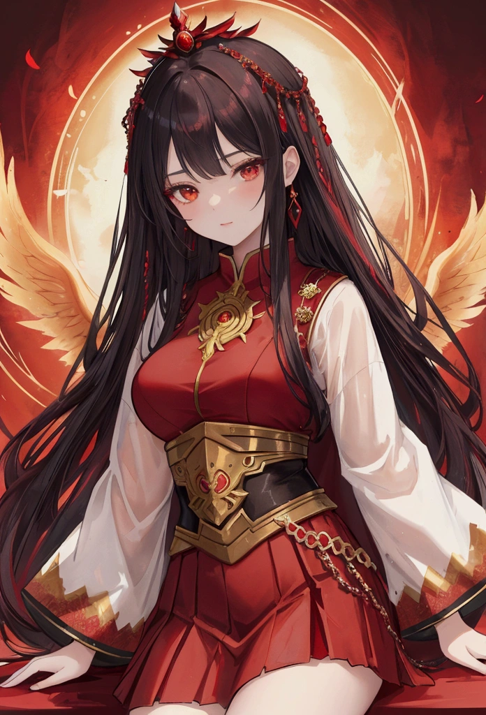 Twenty-year-old beautiful woman，Wearing a red ancient style skirt，Fantasy background，Dark tones of the background，Look sideways to the left，Wearing a phoenix crown