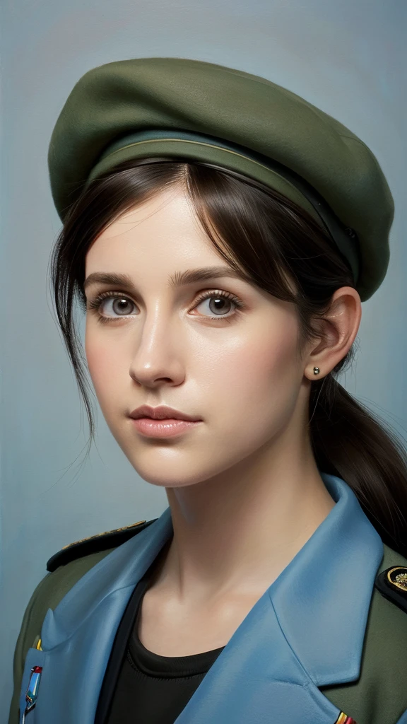 A portrait of the face of a 28 year old man in 2010, wearing a light blue military beret with UN insignia , beautiful painting with highly detailed face by greg rutkowski and magali villanueve, (the most beautiful portrait in the world:1.5)