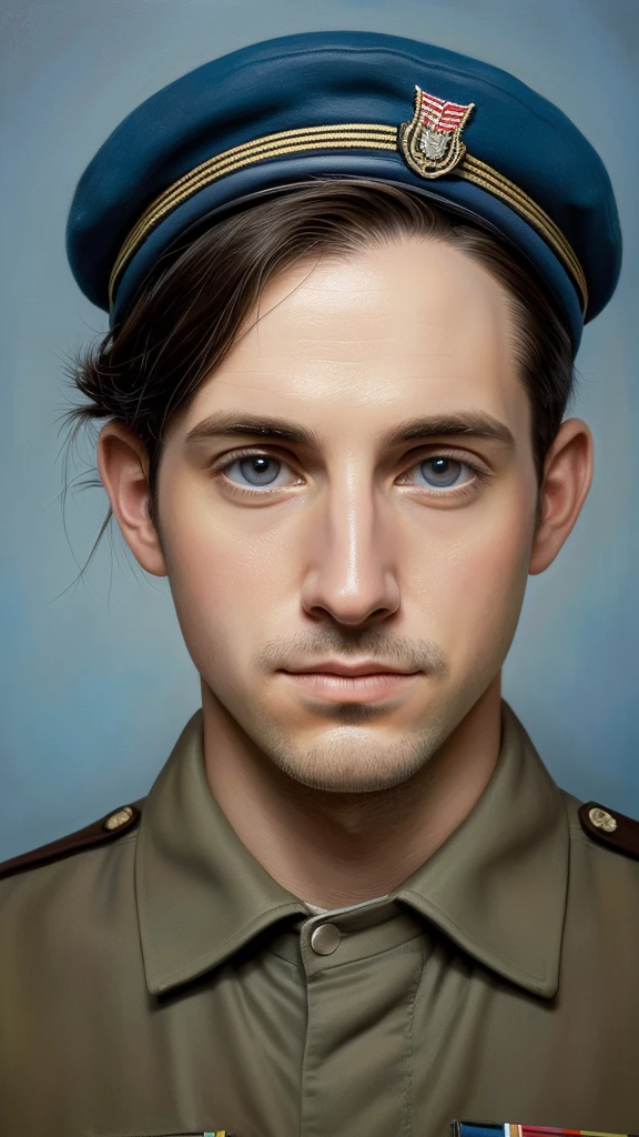 A portrait of the face of a 28 year old man in 2010, wearing a light blue military beret with UN insignia , beautiful painting with highly detailed face by greg rutkowski and magali villanueve, (the most beautiful portrait in the world:1.5)