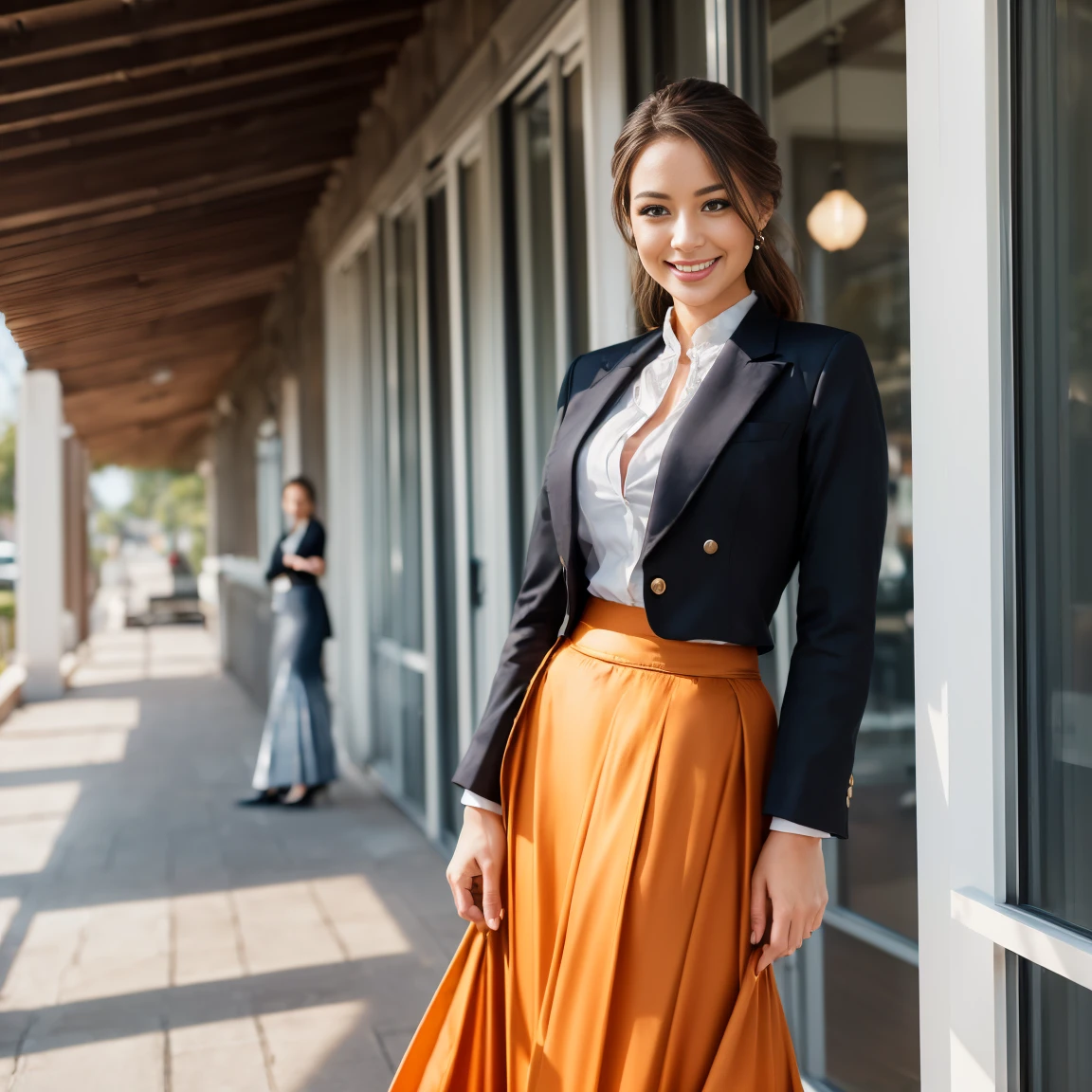 smiling woman, (((Hair courtesy suits,((long skirt))，(head of&#39;artwork, first quality, Droit proche et lointain), Belle expression, and 8K, Photo brute, Photorealistic, Grains de film, Chromatic aeration, high resolution, ultra-detailed, finely detailed, Dynamic lighting, Dramatic lighting、shadowy、extremely detailed eyes and face、Modern and luxurious round music stand)))、longues jambes