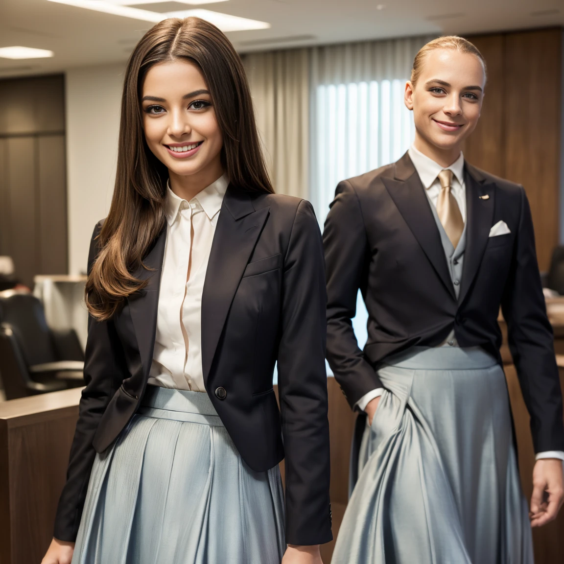 smiling woman, (((Hair courtesy suits,((long skirt))，(head of&#39;artwork, first quality, Droit proche et lointain), Belle expression, and 8K, Photo brute, Photorealistic, Grains de film, Chromatic aeration, high resolution, ultra-detailed, finely detailed, Dynamic lighting, Dramatic lighting、shadowy、extremely detailed eyes and face、Modern and luxurious round music stand)))、longues jambes