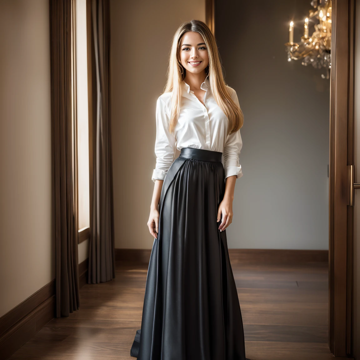 smiling woman, (((Hair courtesy suits,((long skirt))，(head of&#39;artwork, first quality, Droit proche et lointain), Belle expression, and 8K, Photo brute, Photorealistic, Grains de film, Chromatic aeration, high resolution, ultra-detailed, finely detailed, Dynamic lighting, Dramatic lighting、shadowy、extremely detailed eyes and face、Modern and luxurious round music stand)))、longues jambes