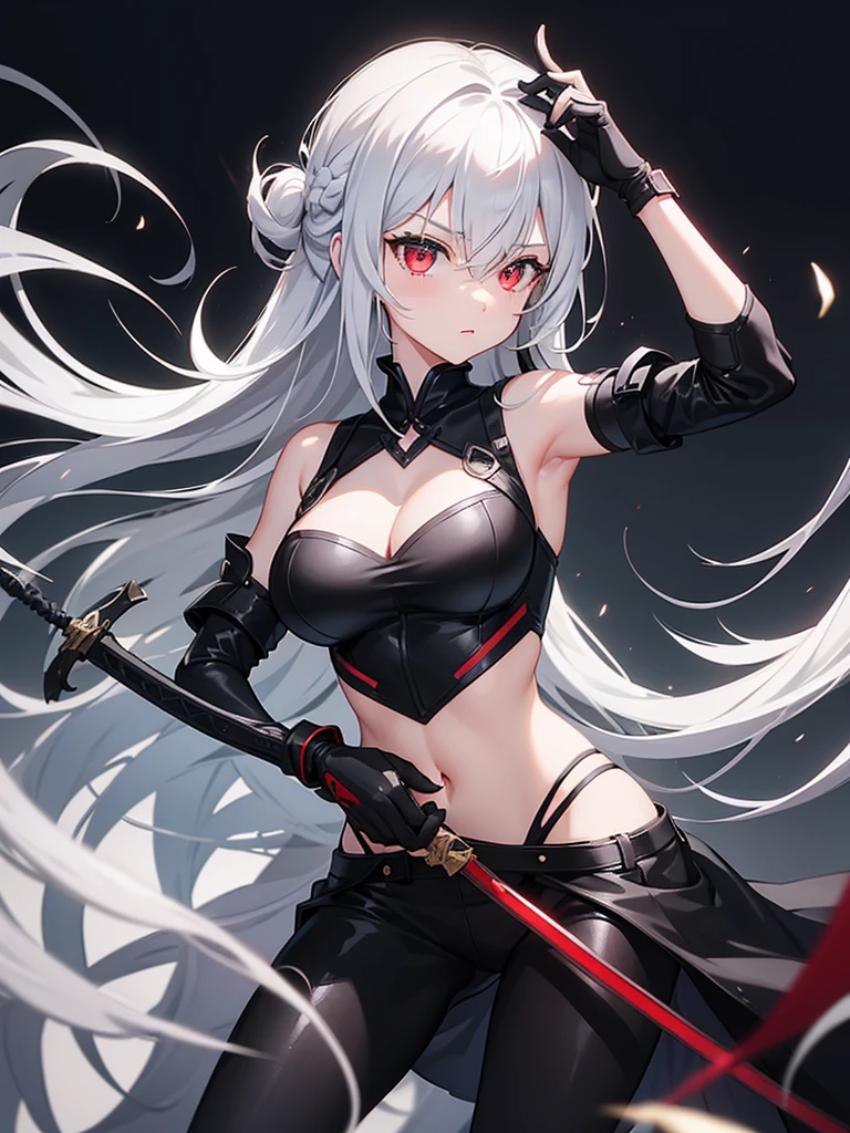 1girl, weapon, solo, holding_weapon, red_eyes, long_hair, holding, sword, gloves, hair_over_one_eye, breasts, holding_sword, navel, looking_at_viewer, armpits, tattoo, elbow_gloves, cleavage, bangs, hair_ornament, white_hair, bare_shoulders, grey_hair, black_background, black_gloves