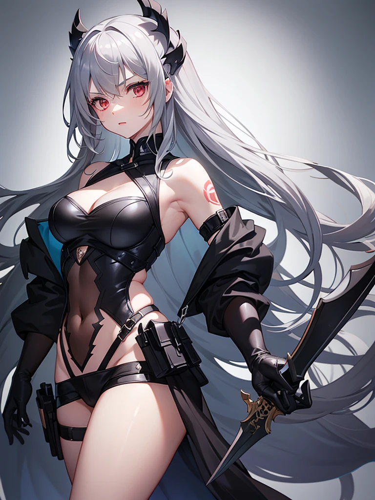 1girl, weapon, solo, holding_weapon, red_eyes, long_hair, holding, sword, gloves, hair_over_one_eye, breasts, holding_sword, navel, looking_at_viewer, armpits, tattoo, elbow_gloves, cleavage, bangs, hair_ornament, white_hair, bare_shoulders, grey_hair, black_background, black_gloves