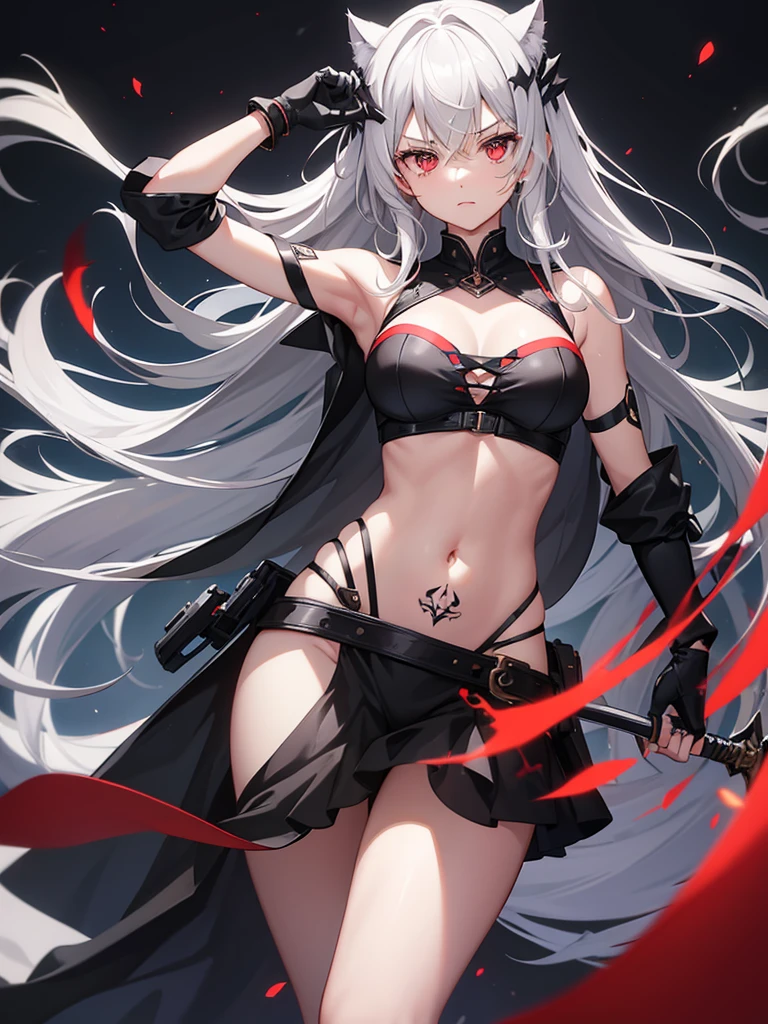 1girl, weapon, solo, holding_weapon, red_eyes, long_hair, holding, sword, gloves, hair_over_one_eye, breasts, holding_sword, navel, looking_at_viewer, armpits, tattoo, elbow_gloves, cleavage, bangs, hair_ornament, white_hair, bare_shoulders, grey_hair, black_background, black_gloves