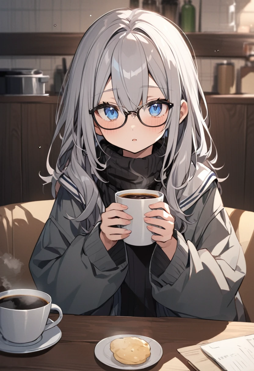 Aromatic coffee、One 、Gray Hair、cute、Black glasses、Blue Eyes、
