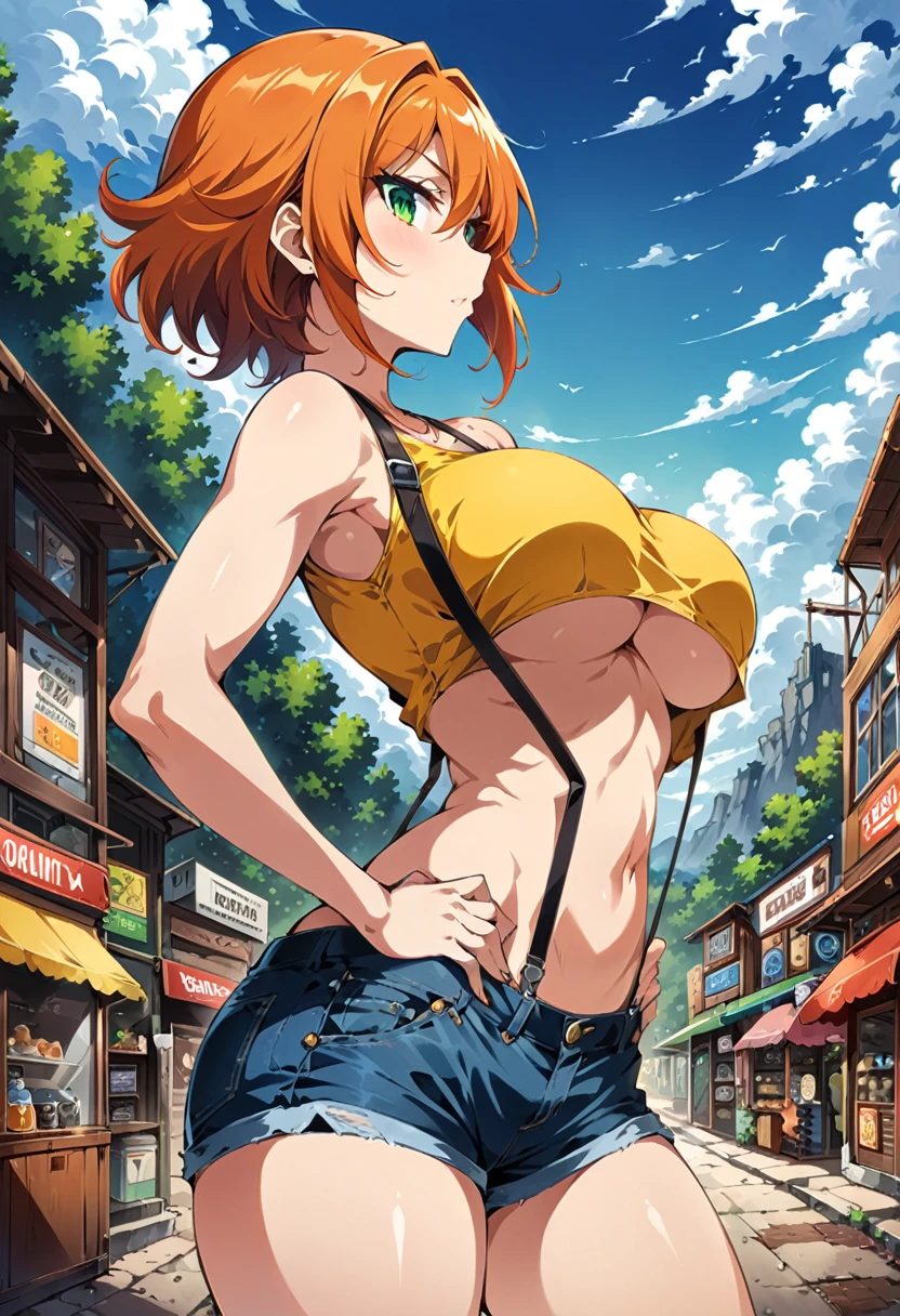 (score_9, score_8_up, score_7_up), ((best quality, masterpiece)),perfect anatomy,((aesthetic,very aesthetic)),official style,(intricate.hyper-detailed), (ultra-high resolution),source_anime.from side,(side view),breast focus ,standing,hands on own hips, (mature) ,1girl, Outdoor, Green Eyes, Orange Hair, , Yellow Shirt, Sleeveless shirt,((stomach)), Denim shorts, suspenders, , (slender), under_boob,unity 8k wallpaper.extremely detailed CG,Pokémon style,