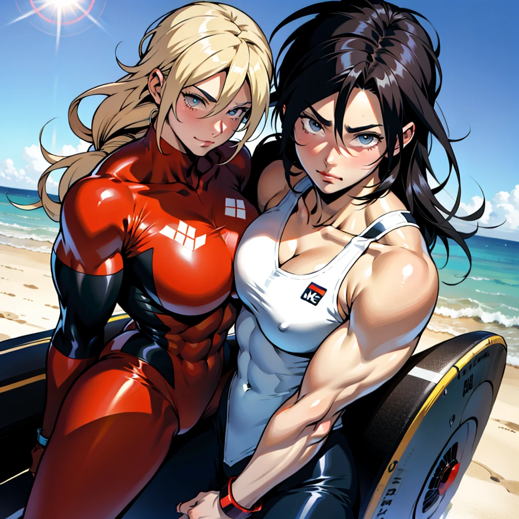 アニメ cel-shading female Goddess bodybuilding, muscle, on the beach in ((anime + manga + comics + cartoon) style)