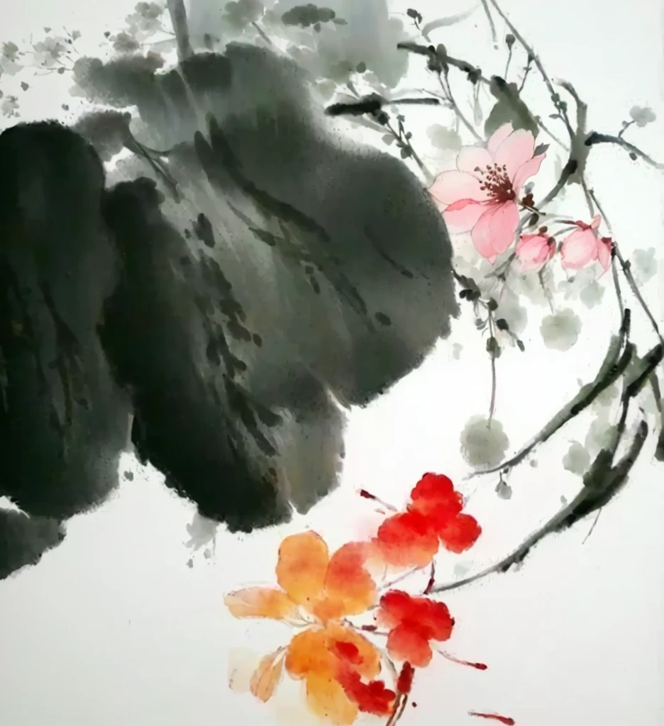 Painting of a flower and a leaf on a white surface, traditional chinese Ink Painting, chinese Ink Painting, Ink Painting ) ) ) ), Chinese painting style, Chinese style, Ink Painting, 中国Ink Painting, traditional Chinese painting, Traditional Chinese Watercolor, black Ink Painting, author：Shao Mi, Ink Painting, Traditional Chinese Art, Chinese painting