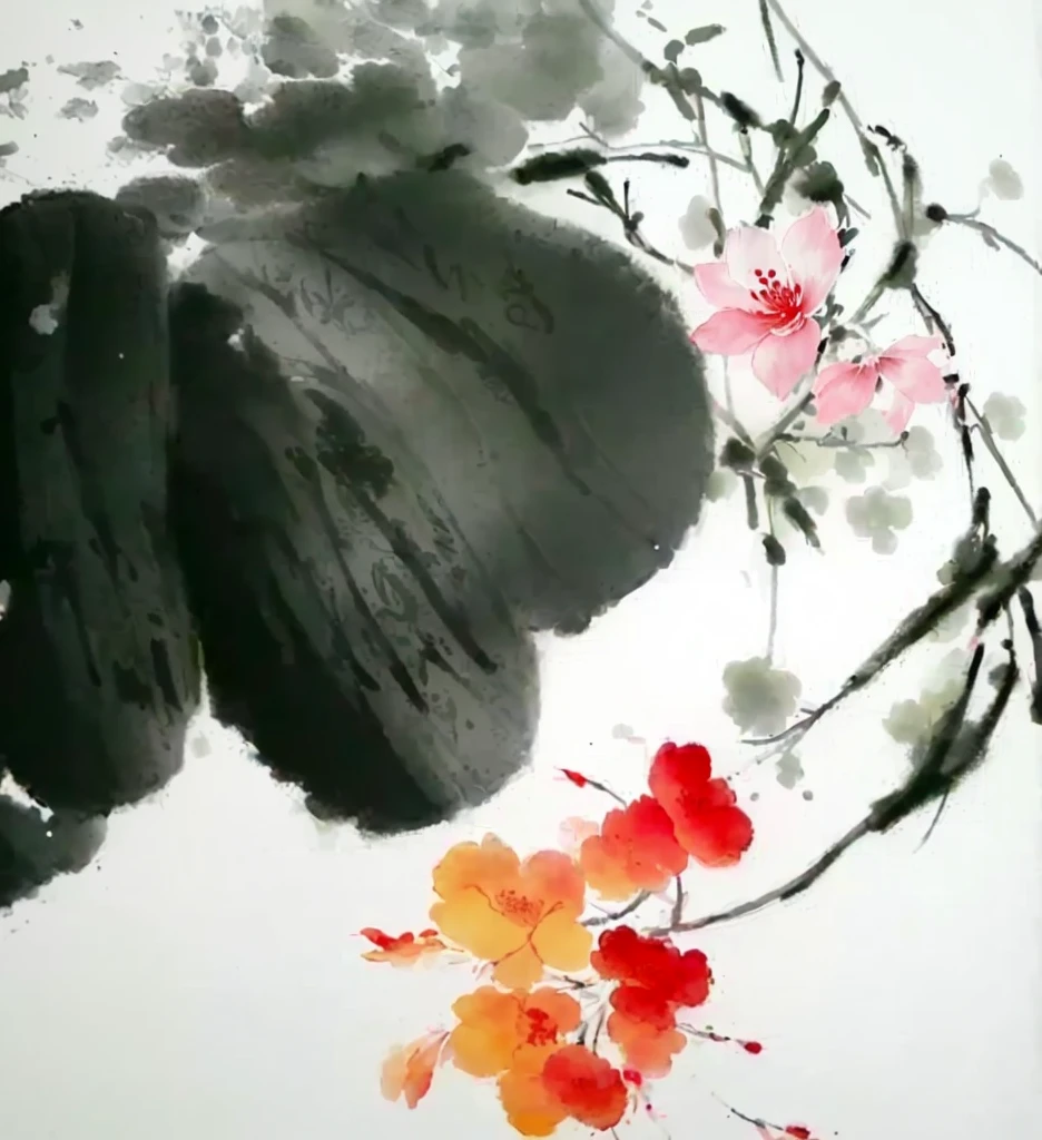 Painting of a flower and a leaf on a white surface, traditional chinese Ink Painting, chinese Ink Painting, Ink Painting ) ) ) ), Chinese painting style, Chinese style, Ink Painting, 中国Ink Painting, traditional Chinese painting, Traditional Chinese Watercolor, black Ink Painting, author:Shao Mi, Ink Painting, Traditional Chinese Art, Chinese painting