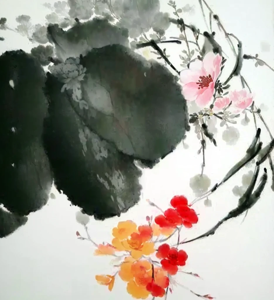 Painting of a flower and a leaf on a white surface, traditional chinese Ink Painting, chinese Ink Painting, Ink Painting ) ) ) ), Chinese painting style, Chinese style, Ink Painting, 中国Ink Painting, traditional Chinese painting, Traditional Chinese Watercolor, black Ink Painting, author:Shao Mi, Ink Painting, Traditional Chinese Art, Chinese painting