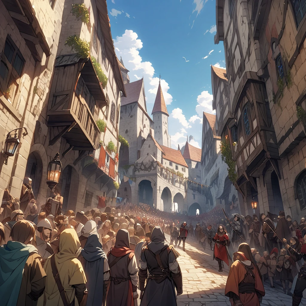 Medieval Fantasy Setting, Medieval city, Thief Humanity Mediterranean、A lot of people run、From below