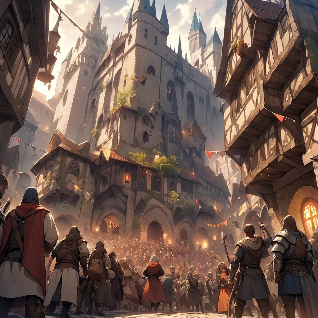 Medieval Fantasy Setting, Medieval city, Thief Humanity Mediterranean、A lot of people run、From below