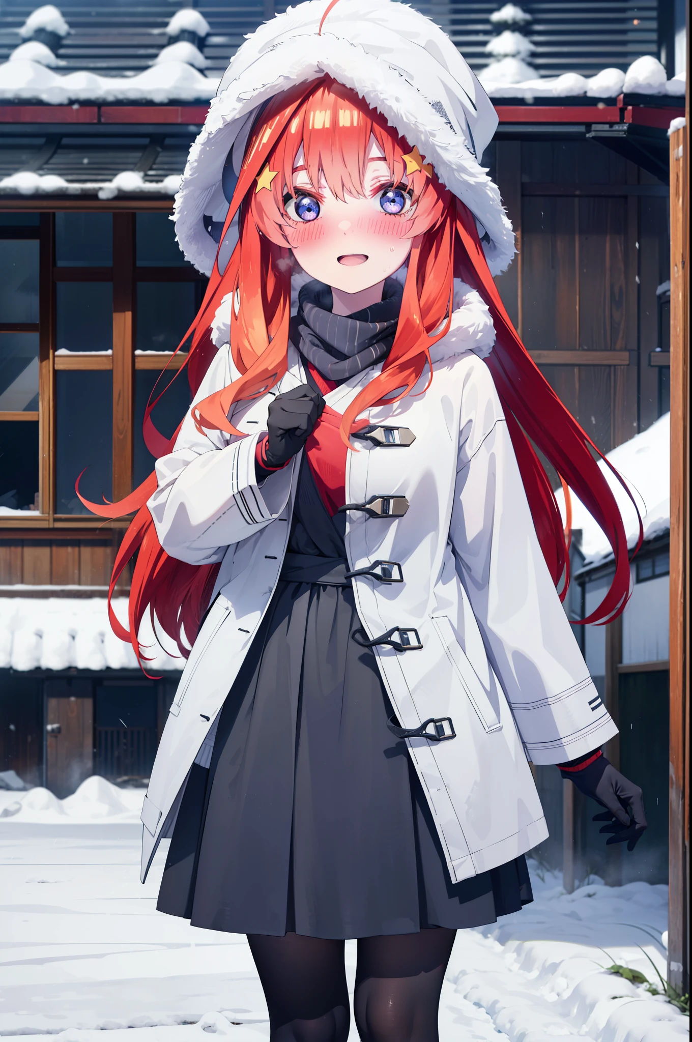 itsukinakano, Itsuki Nakano, bangs, blue eyes, Hair between the eyes, Ahoge, Redhead, star \(symbol\), hair ornaments, star hair ornaments,smile,blush, Open your mouth,white breath,scarf,Headphones around the neck,Knitted hat,Blue long coat,V-neck sweater,Long skirt,Black Pantyhose,short boots,Fluffy gloves,Standing leaning against a wall,Snow is piling up,that'it's snowing,whole bodyがイラスト入るように,Walking,
break outdoors, construction area,
break looking at viewer, whole body,
break (masterpiece:1.2), Highest quality, High resolution, unity 8k wallpaper, (shape:0.8), (Beautiful attention to detail:1.6), Highly detailed face, Perfect lighting, Extremely detailed CG, (Perfect hands, Perfect Anatomy),