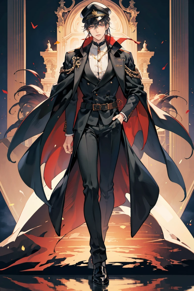(masterpiece), 1boy, 1girl, best quality, seductive eyes, perfect face, handsome man, black eyes, long slicked back black hair, long nose, tan brown skin, black coat, black fitted pants, extremely tall man, long legs, long calves, full body, tall man, long legs, anime cover, ear piercings, hands in pockets, adult-like look, cafe background, a girl is in his left side, perfect face, best quality, seductive eyes, mature woman, red eyes, long white hair, black business suit, black pants, peaked cap, big breast, tall woman, long legs, anime cover