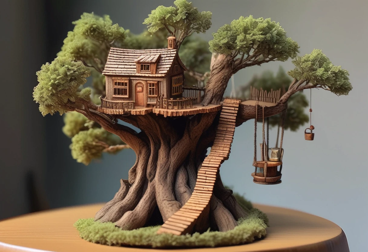 a miniature tree house sitting on top of a tree stump, by Yu Zhiding, intricate detailed 8 k, swing on a tree, cottagecore hippie, sweet home
