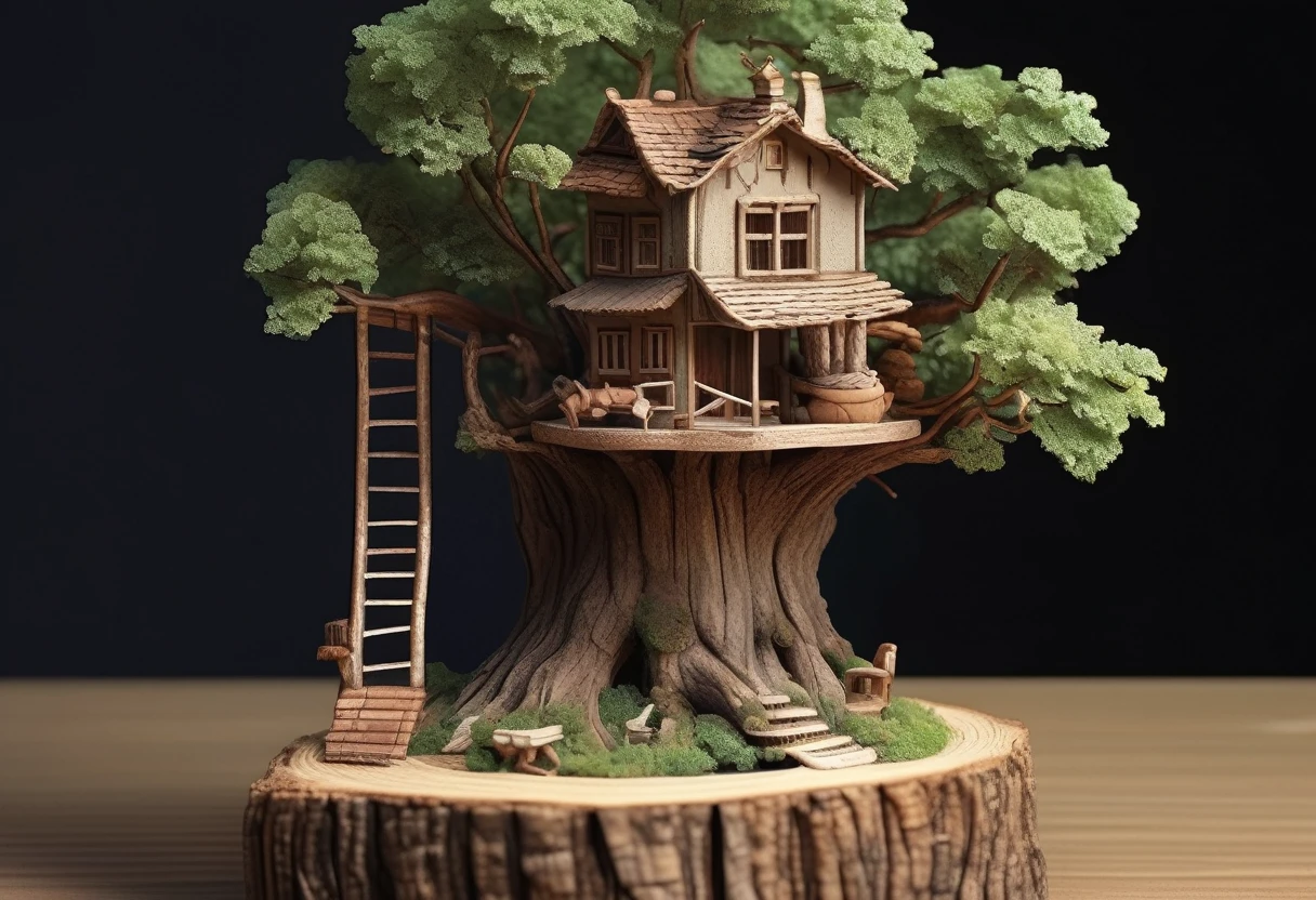 a miniature tree house sitting on top of a tree stump, by Yu Zhiding, intricate detailed 8 k, swing on a tree, cottagecore hippie, sweet home