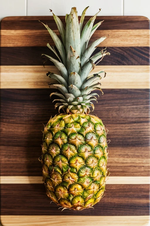 (best quality,4k,8k,highres,masterpiece:1.2),ultra-detailed,(realistic,photorealistic,photo-realistic:1.37),a pineapple on a cutting board,meticulously arranged pineapple slices around it,vibrant colors,natural lighting,beautifully composed,still life,food photography,high contrast,golden ratio composition,shallow depth of field,studio lighting,professional food photographer