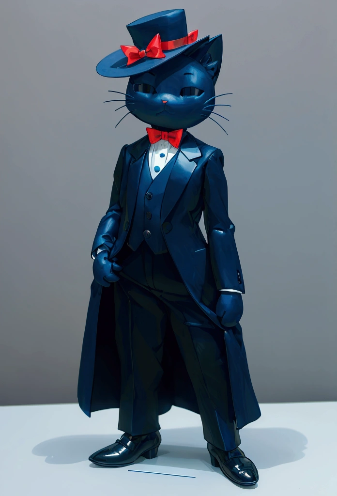 Kitten standing like a human, Wearing a dark blue tuxedo，Wearing a dark blue silk hat,Wearing a red bow tie、 Lovely, small, , Big Head, Very detailedイラスト, (best quality), (masterpiece:1.3), (photoPractical:1.36), (Practical), Very detailed