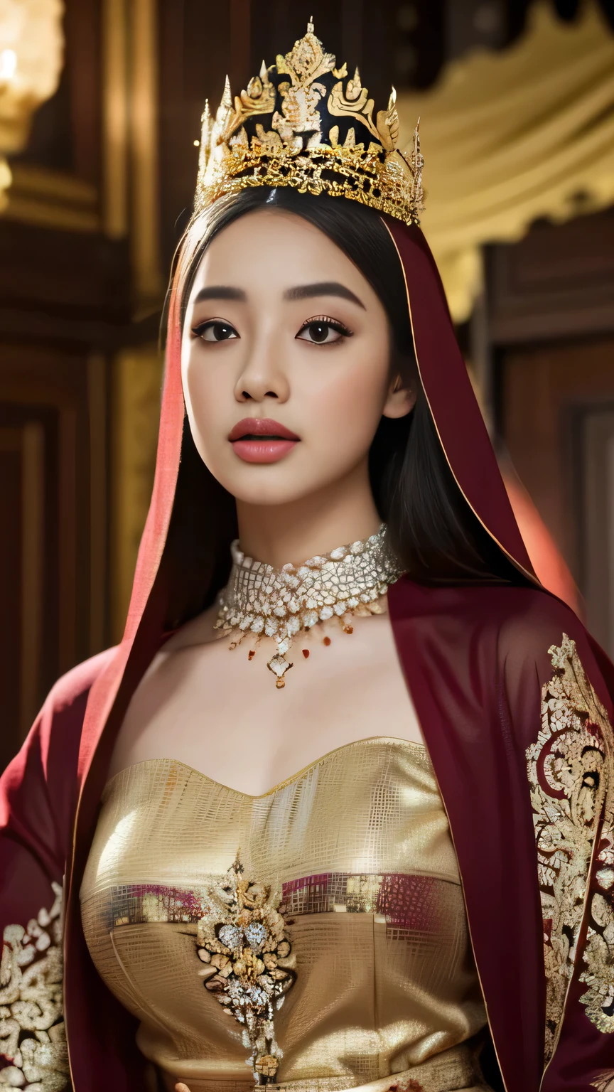 (best quality,4k,highres,masterpiece:1.2),ultra-detailed,realistic:1.37,beautiful and regal Javanese queen with hijab,dark and luxurious palace backdrop,beautiful detailed eyes and face,long eyelashes,voluptuous and curvy figure,exquisite jewelry and accessories,ornate and intricate patterned textiles,dazzling crown and royal attire,golden light illuminating the scene,vibrant and vivid color palette,soft and ethereal lighting,confident and alluring expression,graceful and elegant pose,serene and majestic atmosphere,rich cultural elements and symbols,meticulously captured body contours,subtle and tasteful sensuality,endless attention to every detail,romantic and dreamlike ambiance,artistic interpretation of beauty,stylish and sophisticated composition.