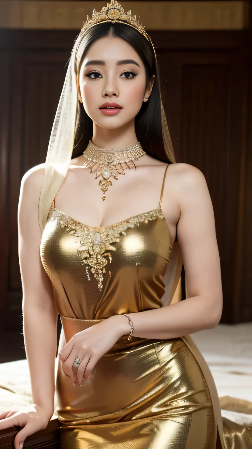 (best quality,4k,highres,masterpiece:1.2),ultra-detailed,realistic:1.37,beautiful and regal Javanese queen with hijab,dark and luxurious palace backdrop,beautiful detailed eyes and face,long eyelashes,voluptuous and curvy figure,exquisite jewelry and accessories,ornate and intricate patterned textiles,dazzling crown and royal attire,golden light illuminating the scene,vibrant and vivid color palette,soft and ethereal lighting,confident and alluring expression,graceful and elegant pose,serene and majestic atmosphere,rich cultural elements and symbols,meticulously captured body contours,subtle and tasteful sensuality,endless attention to every detail,romantic and dreamlike ambiance,artistic interpretation of beauty,stylish and sophisticated composition.