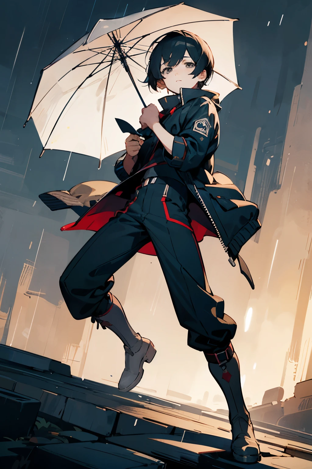 boy, solo, male, in the rain, masterpiece, best quality, masterpiece,best quality,official art,extremely detailed CG unity 8k wallpaper, holding, boots, black eyes, short hair, black hair, hat, grey eyes, gradient eyes, expressionless, asymmetrical hair, bangs, dusk, in summer, wallpaper, original, Black close-fitting jacket,action natural,Correct body proportions,