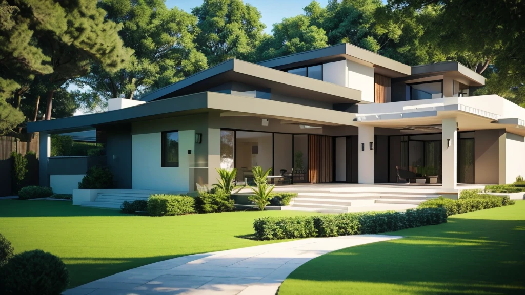 Modern, single-storey, luxurious house., Looks like the letter L, curved,It looks like a room.,medium sized back,beautiful,On the dark green grass,Shady atmosphere,,Daytime,Photo taken from an angle of 45