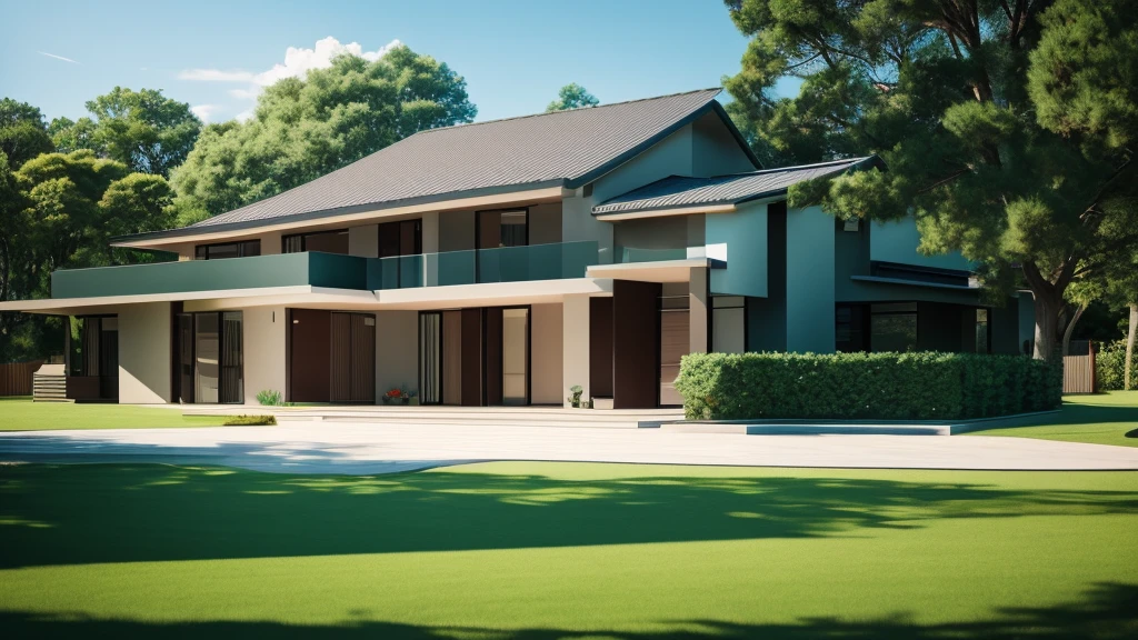 Modern, single-storey, luxurious house., Looks like the letter L, curved,It looks like a room.,medium sized back,beautiful,On the dark green grass,Shady atmosphere,,Daytime,Photo taken from an angle of 45