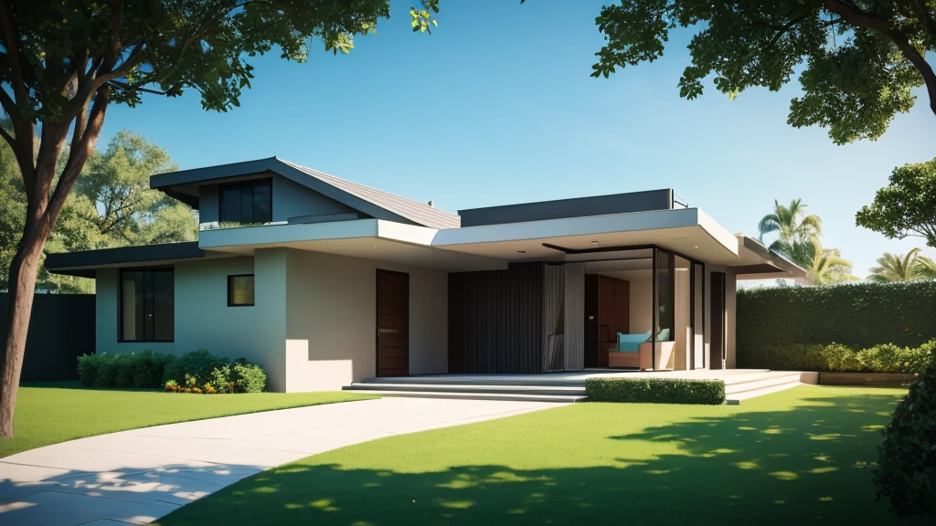 Modern, single-storey, luxurious house., Looks like the letter L, curved,It looks like a room.,medium sized back,beautiful,On the dark green grass,Shady atmosphere,,Daytime,Photo taken from an angle of 45