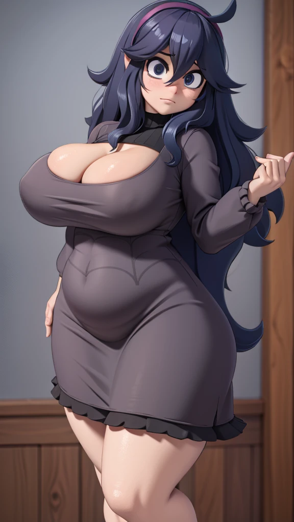 ((Hex maniac)), (thick), (shy), flustered, hiding face, blushing, (full body standing pose), (Sexy), ((shortstack)), (((Unrealistic gigantic breasts))), ((open top Dress and skirt)), ((chubby))