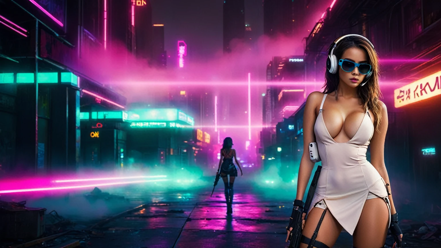 dark futuristic landscape, at night, neon lights, Atmospheric fog, large buildings in the background, futuristic city, streets with open shops, skyscraper (postapocalyptic city:1.3). (((1girl, solo, alone))), large-breast:1.2 slim body, cleavage:1.1, sexy miniskirt, (((headphone, black sunglasses, standing and holding pistol pose))), (((half-body thigh level medium shot))), cinematic lighting, lens flare, ray tracing.