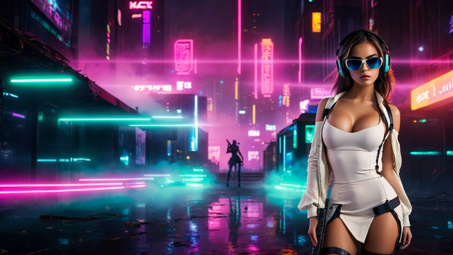 dark futuristic landscape, at night, neon lights, Atmospheric fog, large buildings in the background, futuristic city, streets with open shops, skyscraper (postapocalyptic city:1.3). (((1girl, solo, alone))), large-breast:1.2 slim body, cleavage:1.1, sexy miniskirt, (((headphone, black sunglasses, standing and holding pistol pose))), (((half-body thigh level medium shot))), cinematic lighting, lens flare, ray tracing.
