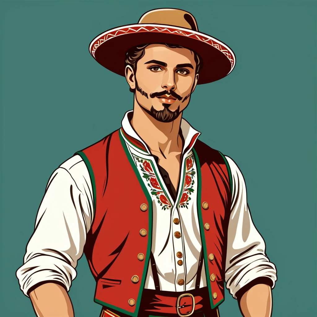man in italian folk outfit, vector graphics, strong contours