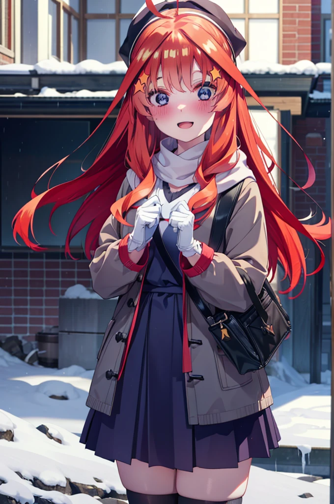 itsukinakano, Itsuki Nakano, bangs, blue eyes, Hair between the eyes, Ahoge, Redhead, star \(symbol\), hair ornaments, star hair ornaments,blush, smile,Open your mouth,white breath,scarf,Headphones around the neck,Knitted hat,Blue long coat,V-neck sweater,Long skirt,Black Pantyhose,short boots,Fluffy gloves,Standing leaning against a wall,Snow is piling up,that&#39;it&#39;s snowing,whole bodyがイラスト入るように,Hiding in a roofed building,
break outdoors, construction area,
break looking at viewer, whole body,
break (masterpiece:1.2), Highest quality, High resolution, unity 8k wallpaper, (shape:0.8), (Beautiful attention to detail:1.6), Highly detailed face, Perfect lighting, Extremely detailed CG, (Perfect hands, Perfect Anatomy),