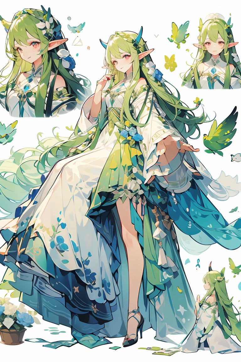 (masterpiece:1.2), best quality,Pixif,Fairy Tale Girl, 1 girl, Green Hair, Red Eyes,, Small dress，Elf耳、Elf，horn，恶魔horn，Dress