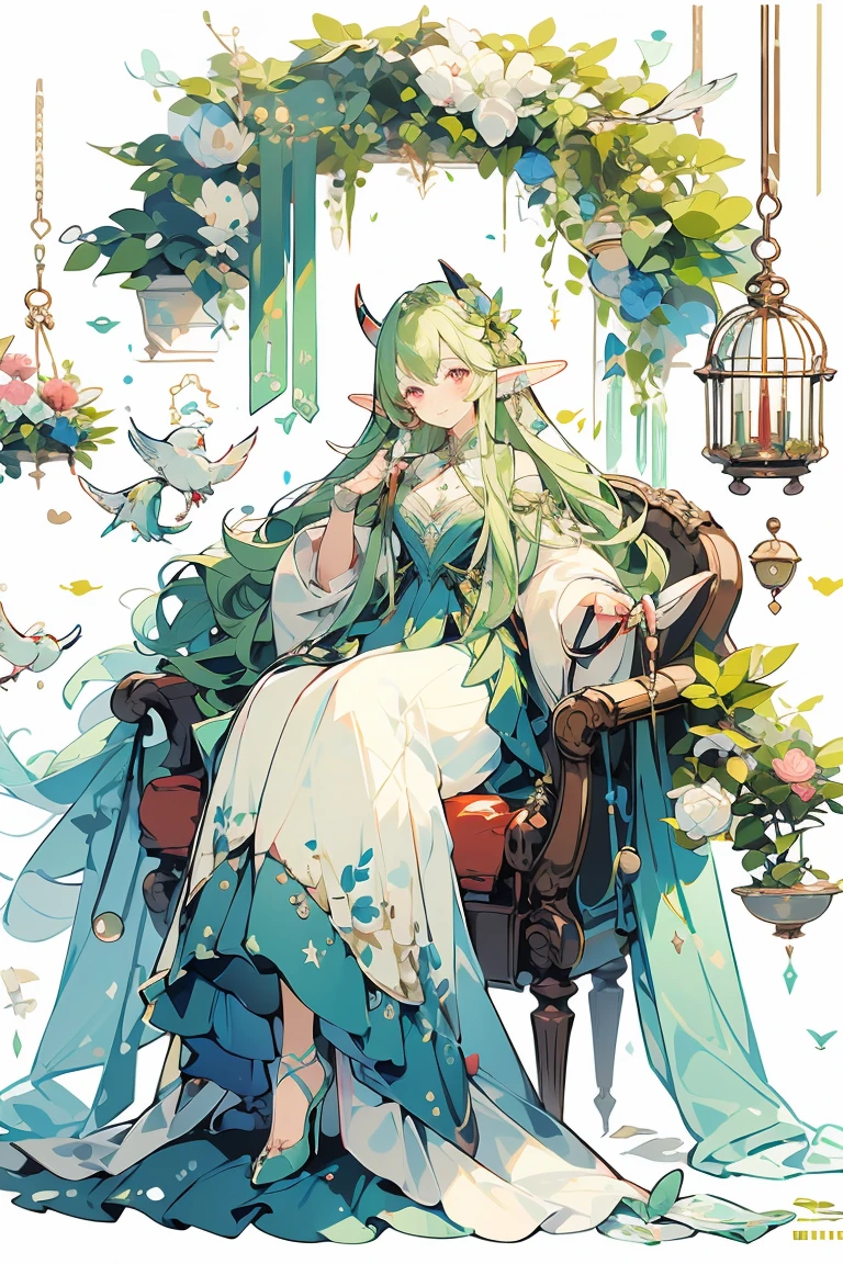 (masterpiece:1.2), best quality,Pixif,Fairy Tale Girl, 1 girl, Green Hair, Red Eyes,, Small dress，Elf耳、Elf，horn，恶魔horn，Dress