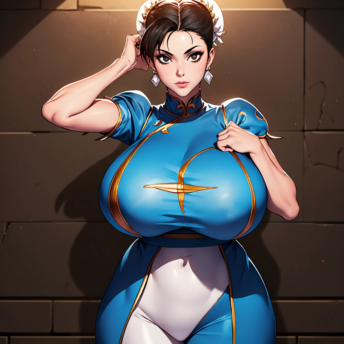 (full body photo),1girl,solo,ChunLi,,looking at viewer ,realistic,shiny skin,gigantic breasts,(beautiful face:1.1),(masterpiece, high quality:1.2) gigantic breasts, motherly, porcelain skin,mature female,