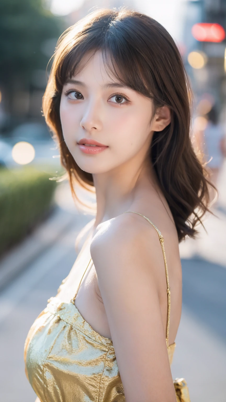 ((Best quality, 8k, masterpiece:1.3))，1girl，18 years old，Asian，Real texture:1.3，(Background blur:1.1)，Dress Up，Tall and slender figure:1.2，(Hot summer weather)，（street:1.3），Highly detailed face and skin textures，Exquisite eyes，Long eyelashes，Double eyelids，Skin Whitening，happy，Various postures，Breast