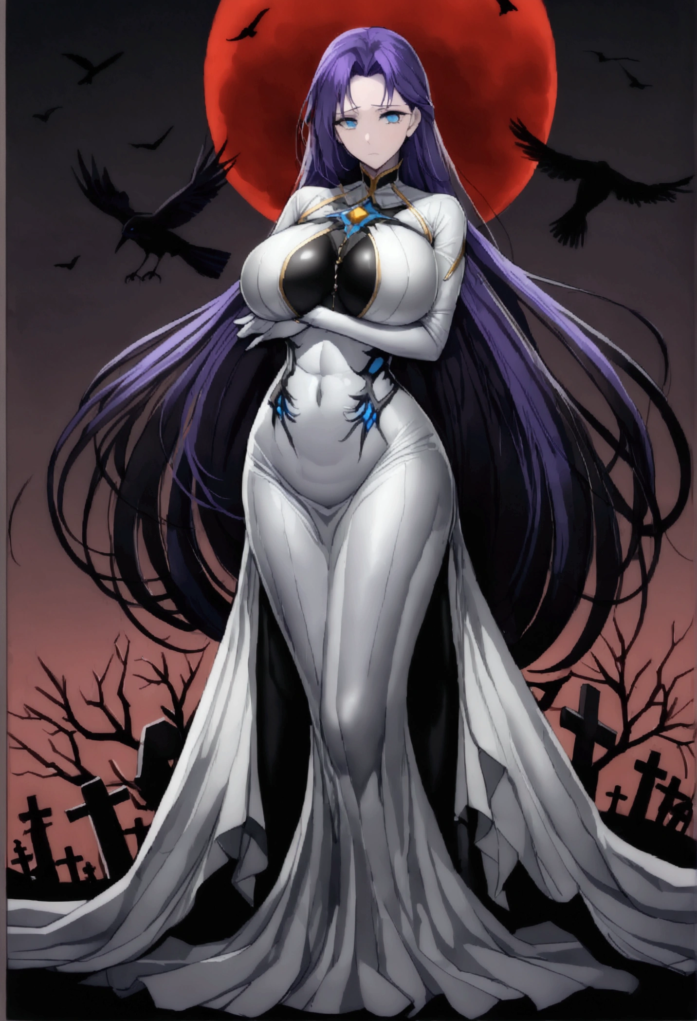 長い髪のbeautifulアニメ風の美女, (((Purple-blue hair)))Long Hair,(((Highest quality)))Transparent Hair,Face of Sadness,(((blue eyes)))A beautiful woman filled with sorrow,(((A well-defined, glamorous body)))((Huge bust))Tight waist,(((A radical black and grey dress with a glossy finish))),(((Radical Clergy)))Clothes that expose the chest and navel,Rosary(((beautiful)))Fair skin,(((Rin々Standing in a cool pose)))Full Body Shot,Crow,(((background)))dead tree,fog,Red Moon,Mysterious flower,Graveyard of Darkness。