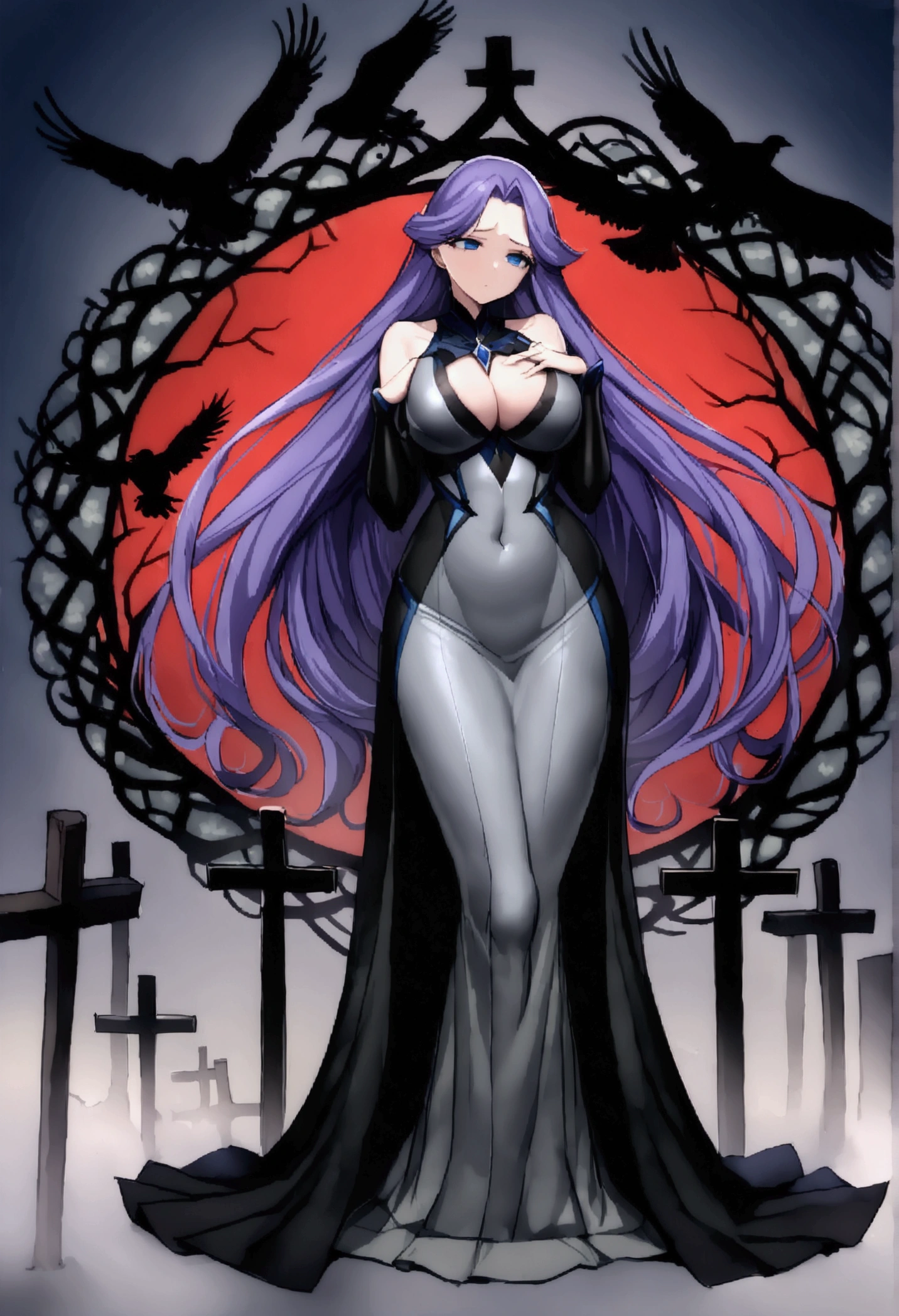 長い髪のbeautifulアニメ風の美女, (((Purple-blue hair)))Long Hair,(((Highest quality)))Transparent Hair,Face of Sadness,(((blue eyes)))A beautiful woman filled with sorrow,(((A well-defined, glamorous body)))((Huge bust))Tight waist,(((A radical black and grey dress with a glossy finish))),(((Radical Clergy)))Clothes that expose the chest and navel,Rosary(((beautiful)))Fair skin,(((Rin々Standing in a cool pose)))Full Body Shot,Crow,(((background)))dead tree,fog,Red Moon,Mysterious flower,Graveyard of Darkness。