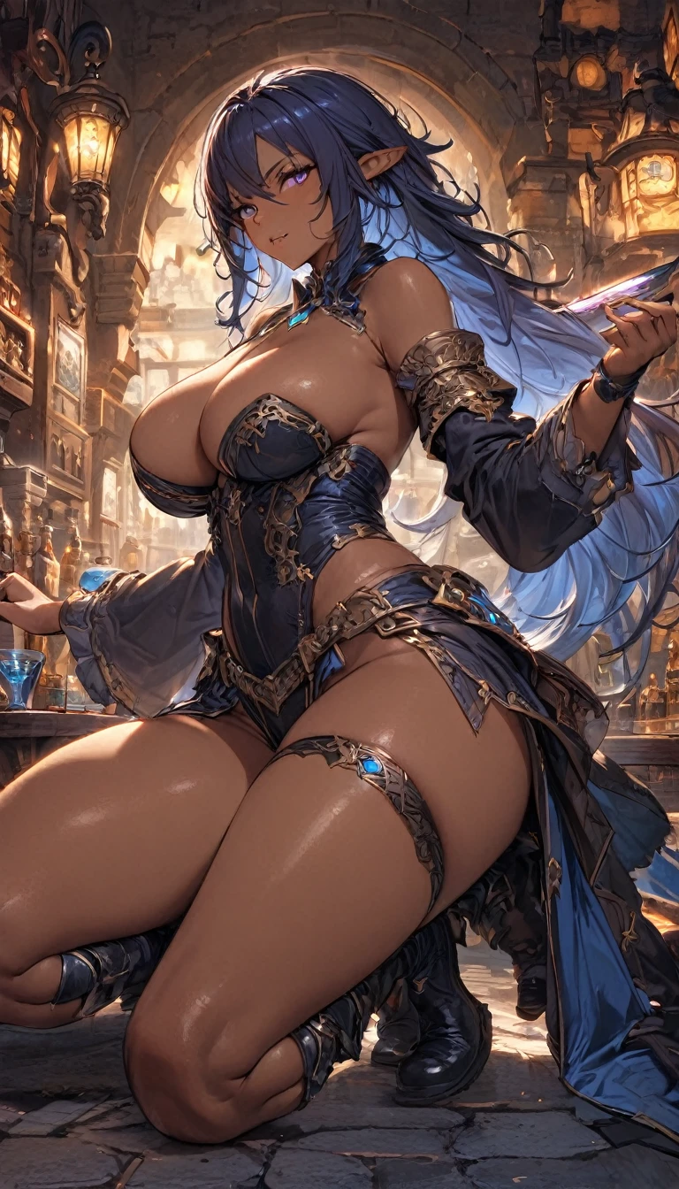 best quality,4k,8k, highres, masterpiece:1.2), extremely detailed eyes, extremely detailed body, (large masterpiece digital art), (detailed manga illustration), (detailed line art), ((perfect anatomy)), (intricate details:1.3), (ultra-detailed:1.3), (illustration:1.3), (sharp focus:1.3), (natural lighting:1.05), (vivid colors:1.3), (masterpiece), (best quality:1.4), (perfect anatomy:1.4), high quality, expressive eyes, full body, detailed face, beautiful face, perfect face, detailed (dark blue hair), violet eyes, ((dark skin)), dark elf, huge , thick thighs, waist length hair, very long hair, bare shoulders, detached sleeves, dynamic lighting, 4k resolution, dynamic pose, silver jewelry, fantasy bar background, pointy ears, pubic tattoo, tattoos, glowing tattoos, thighlet, (curvy), plump, elfoutfit, cinematic lighting, dramatic atmosphere, Beautiful woman, Jeff Bridges, ((cartoon style)), Marvel Cinematic Universe style, (((fantasy tavern in the background))), soft bokeh of Japan, Atey Ghailan, Jeremy Mann, Greg Manchess, Antonio Moro, trend in ArtStation, trend in CGSociety, Intricate, High Detail, Sharp focus, dramatic and photorealistic painting art by Midjourney and Greg Rutkowsk