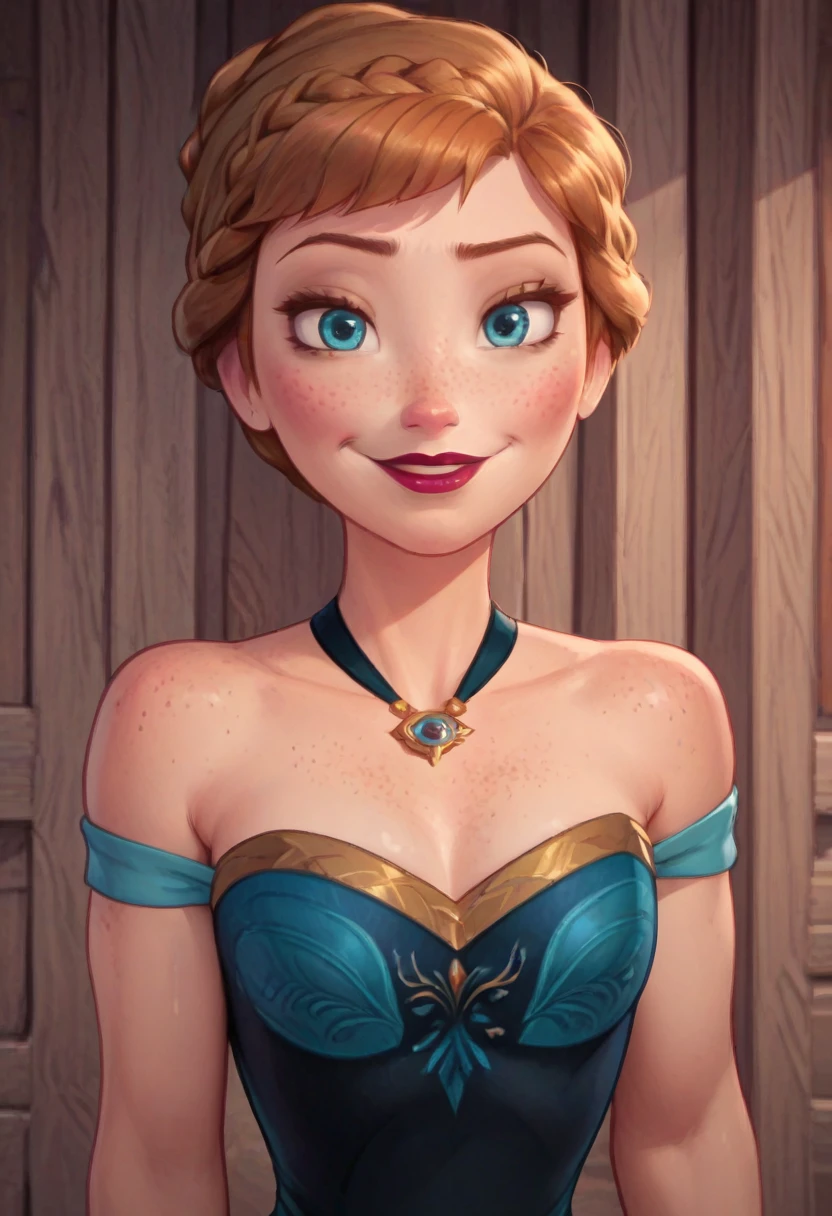 ((masterpiece, best quality)), Disney reference, (Anna), Anna smirks, lipstick, freckles on face, upper body: bare shoulders, skinny 