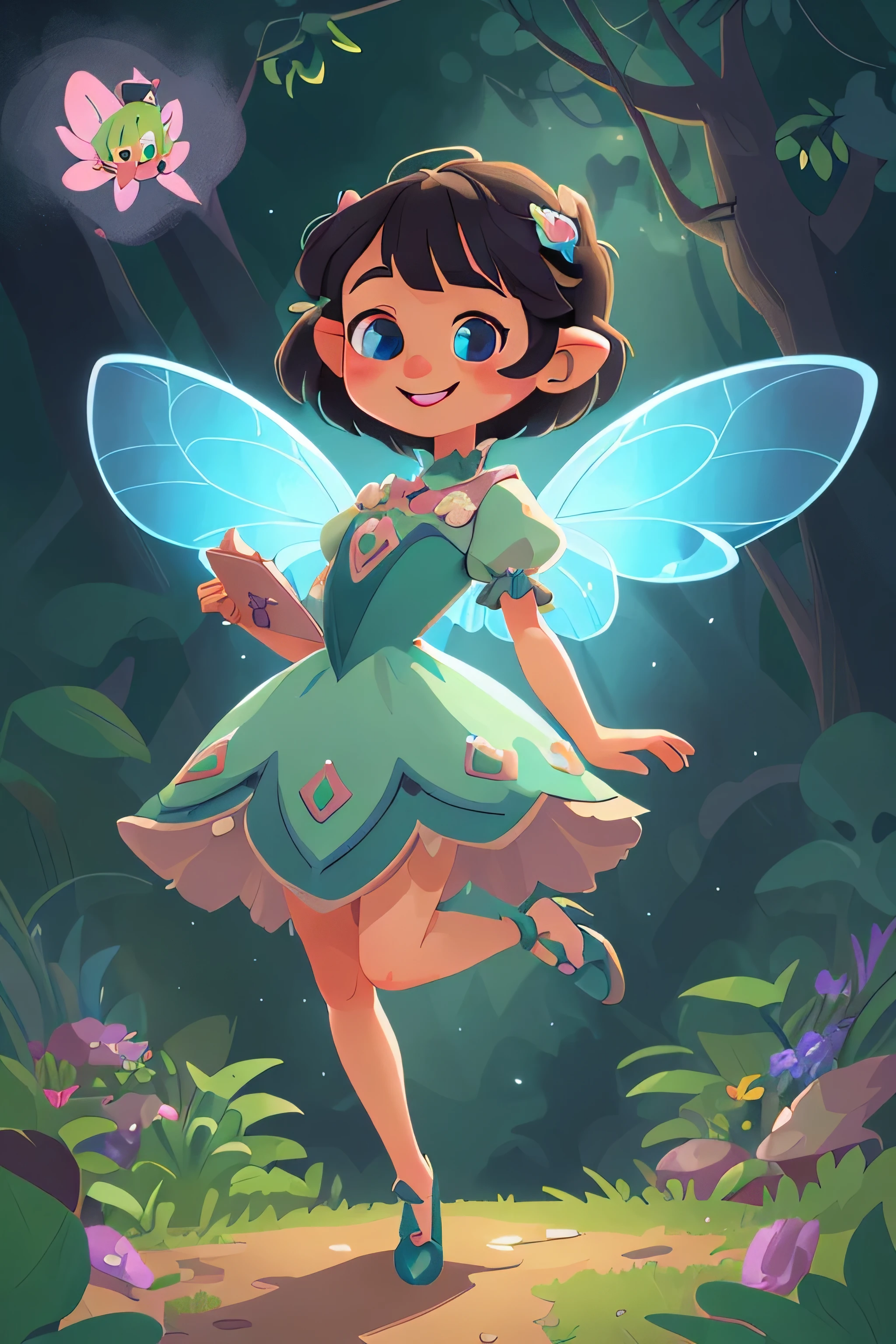 a small fairy, cute face, extremely detailed eyes and face, beautiful detailed lips, kind personality, full body, vector art, illustrator art style, with pretty dress, storybook character, front view, with short hair, cute hairstyle, interesting hairstyle, with standing pose, smiling face, with wings, perfect hand (best quality, 4k, 8k, masterpiece:1.2), ultra-detailed, vivid colors, soft lighting