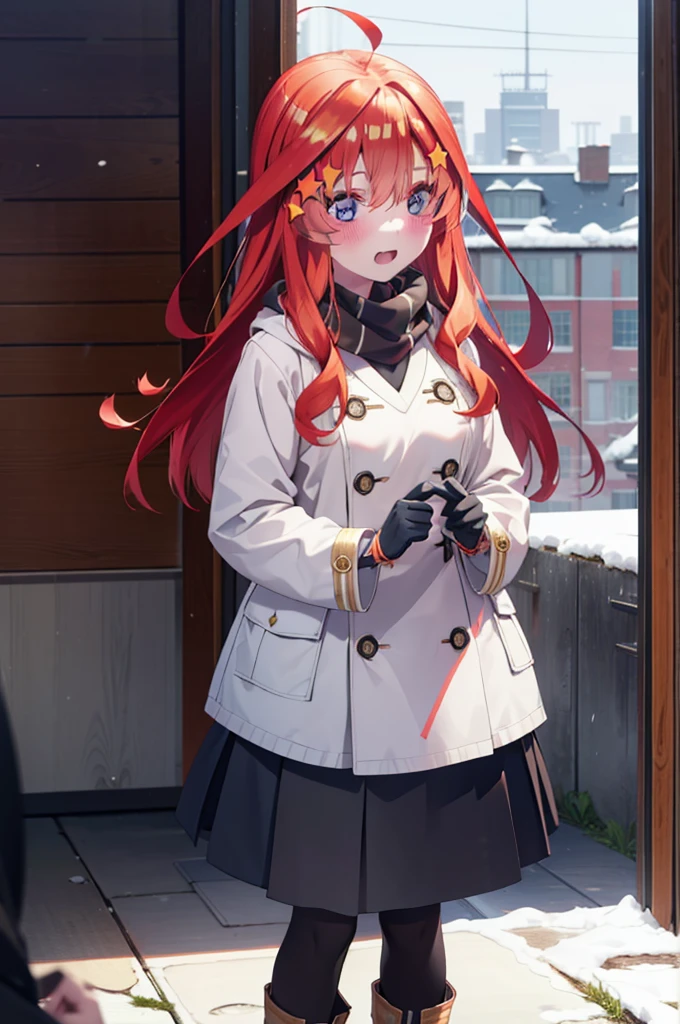 itsukinakano, Itsuki Nakano, bangs, blue eyes, Hair between the eyes, Ahoge, Redhead, star \(symbol\), hair ornaments, star hair ornaments,smile,blush, Open your mouth,white breath,scarf,Headphones around the neck,Knitted hat,Blue long coat,V-neck sweater,Long skirt,Black Pantyhose,short boots,Fluffy gloves,Standing leaning against a wall,Snow is piling up,that'it's snowing,whole bodyがイラスト入るように,Walking,
break outdoors, construction area,
break looking at viewer, whole body,
break (masterpiece:1.2), Highest quality, High resolution, unity 8k wallpaper, (shape:0.8), (Beautiful attention to detail:1.6), Highly detailed face, Perfect lighting, Extremely detailed CG, (Perfect hands, Perfect Anatomy),