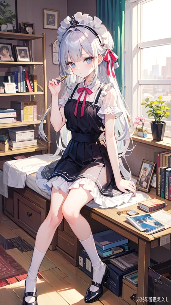 (masterpiece, best quality:1.3), 1 girl, 独奏, teenager,(top quality eyes:1.3),18 year old girl、Idol-style in your own home。A girl wearing a sparkly top and a fluffy tulle skirt。Wear a ribbon hair band、Wearing colorful socks。In the background there is a bookshelf and a window.、The outside view can be seen from the window。The room has a dressing table and a bed.、A girl is posing in front of it