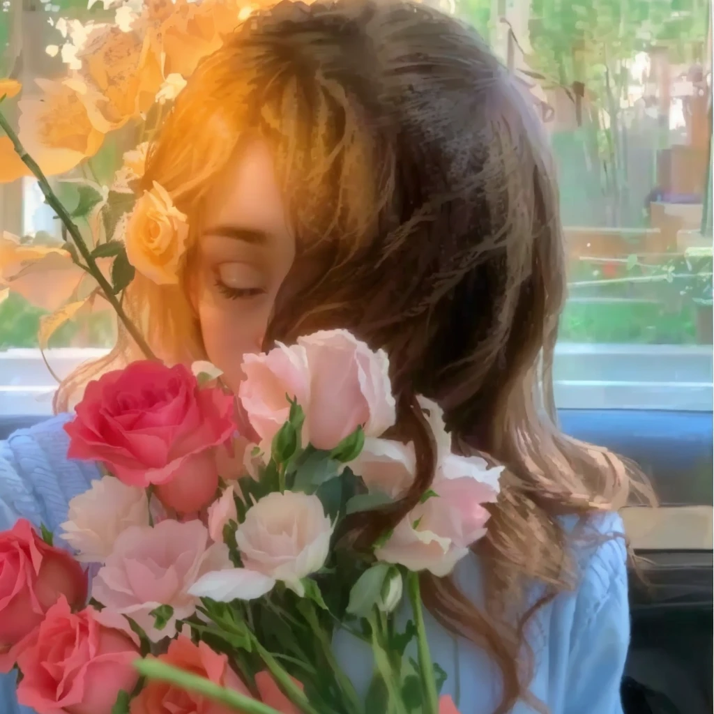 there is a young girl holding a bunch of flowers in her hand, with flowers, Roses in your hair, carrying flowers, Petra Collins (Petra Collins) style, holding flowers, with frozen flowers around her, Roses in your hair, sitting with flowers, flower , flower in her hair, Foam in the hair, Beautiful aesthetic, wearing a hoodie and flowers, Nod