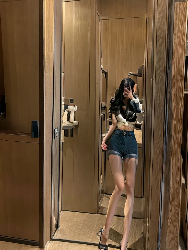 masterpiece, highres, photoreal, dark long hair, black tight t-shirt, denim jeans, selifie, white bag, indoor,